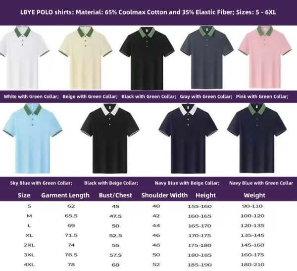 LBYE POLO shirts: Material: 65% Coolmax Cotton and 35% Elastic Fiber; Sizes: S - 6XL EXW at wholesale price