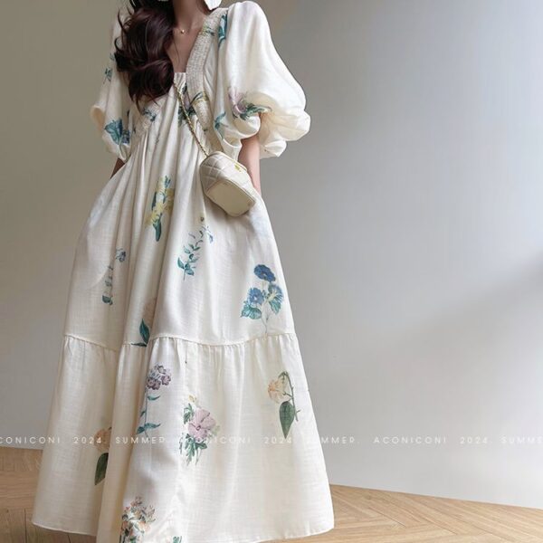 LBYE 100% Mulberry Silk Maxi Dress for Women, Elegant Puff Sleeve Princess Dress, Luxury Silk Long Gown for Wedding, Party, Cocktail, Formal Event。