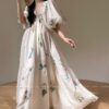 LBYE 100% Mulberry Silk Maxi Dress for Women, Elegant Puff Sleeve Princess Dress, Luxury Silk Long Gown for Wedding, Party, Cocktail, Formal Event。