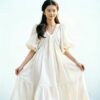 LBYE 100% Mulberry Silk Maxi Dress for Women, Elegant Puff Sleeve Princess Dress, Luxury Silk Long Gown for Wedding, Party, Cocktail, Formal Event。